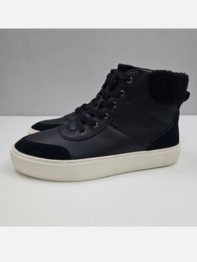 UGG Cakewalk High Top Sneaker Black Leather Shearling Lace Up Casual Womens 9.5